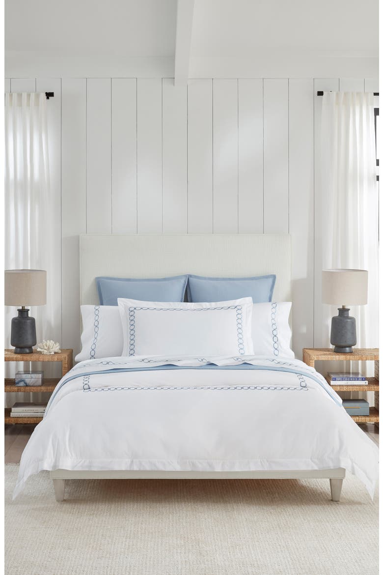 Catena Border Print Cotton Duvet Cover, Alternate, color, WHITE/ SEA