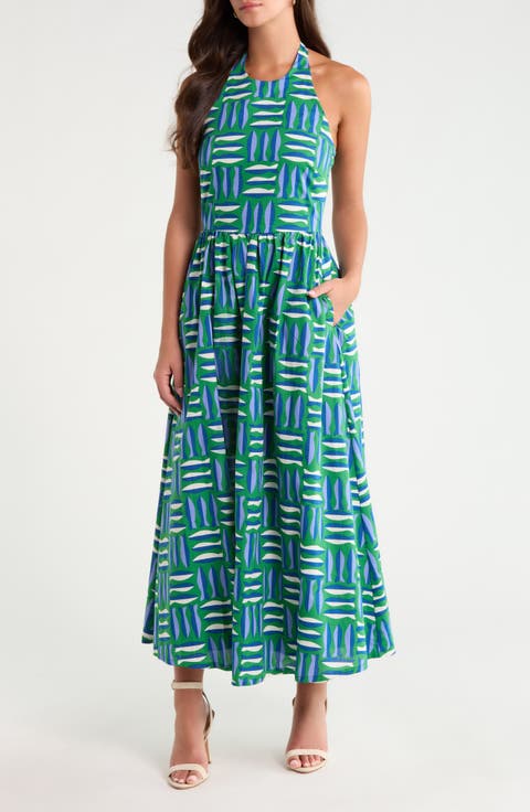 Daine Fish Print Cotton Halter Maxi Dress