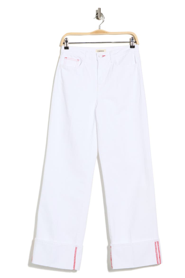 Miley High Waist Cuffed Wide Leg Jeans, Alternate, color, BLANC/SCARLET RED CONT