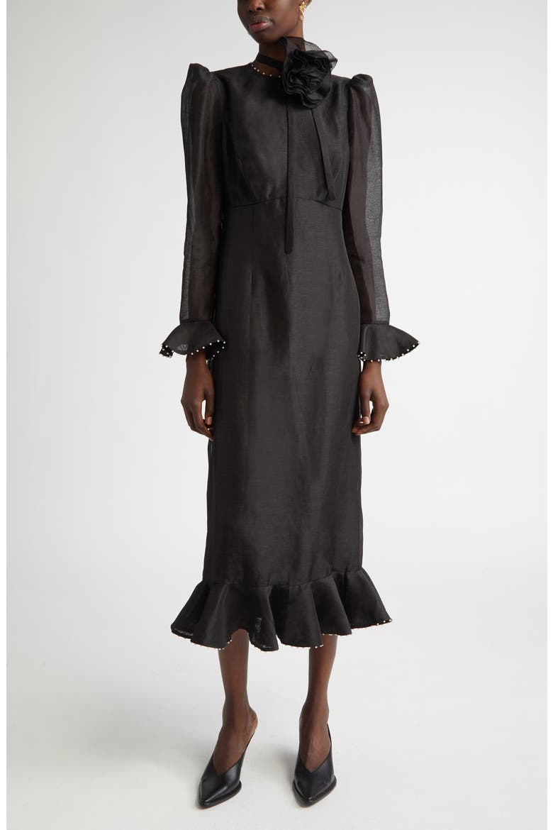 Floral Long Sleeve Organza Midi Dress, Main, color, BLACK