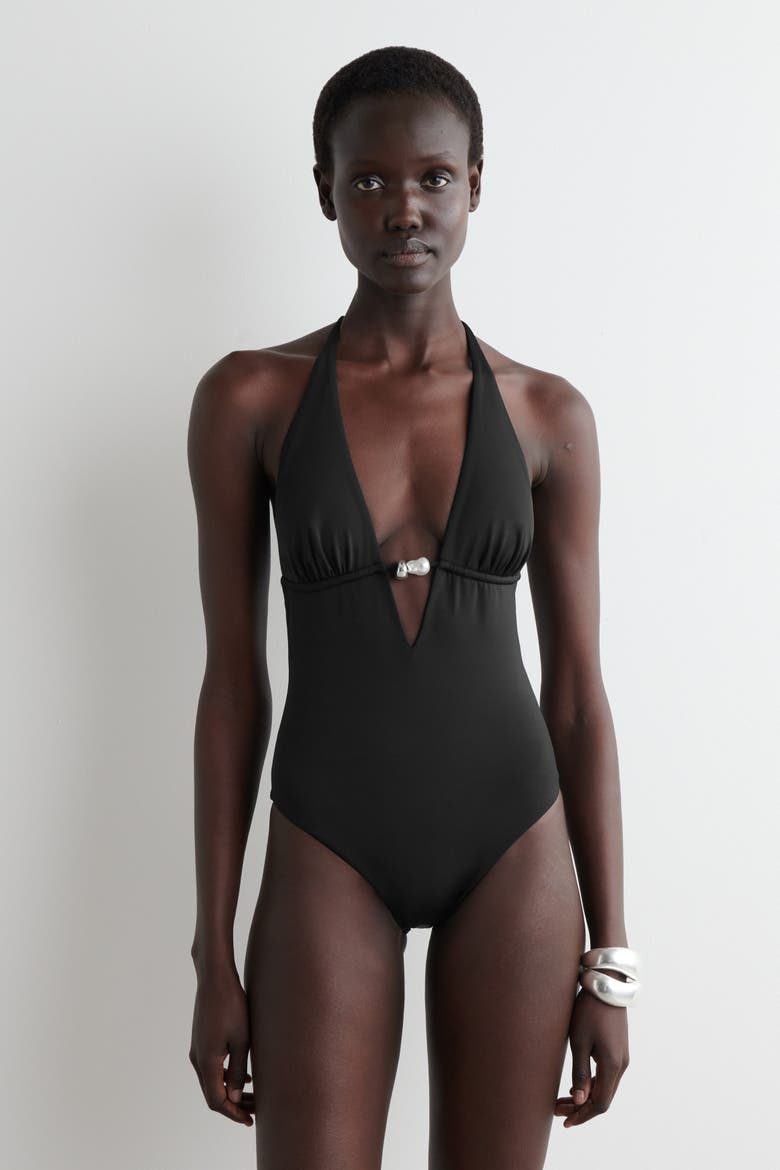 Embellished Plunge-Neck Swimsuit, Alternate, color, BLACK
