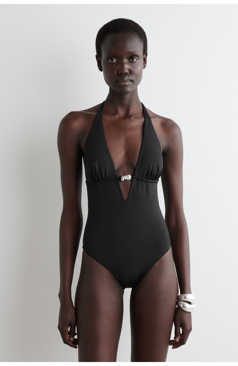 COS Embellished Plunge-Neck Swimsuit, Alternate, color, Black