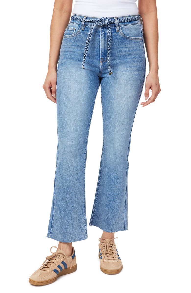 Kensie High Waist Belted Flare Leg Cropped Jeans, Main, color, Portland