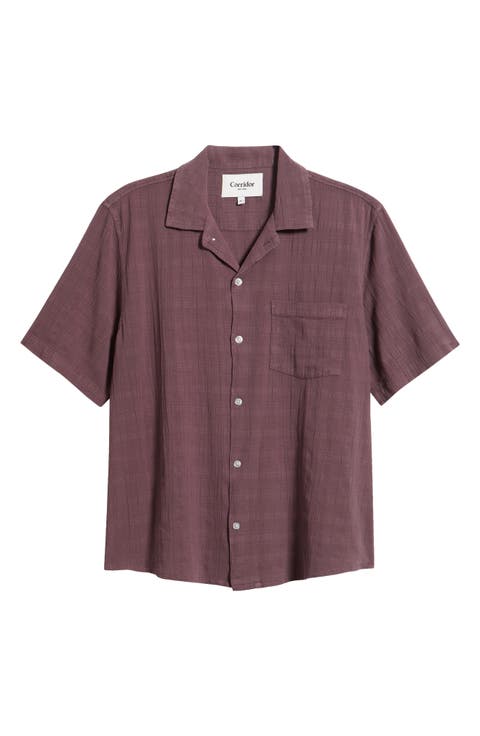 Washed Dobby Check Cotton Seersucker Camp Shirt