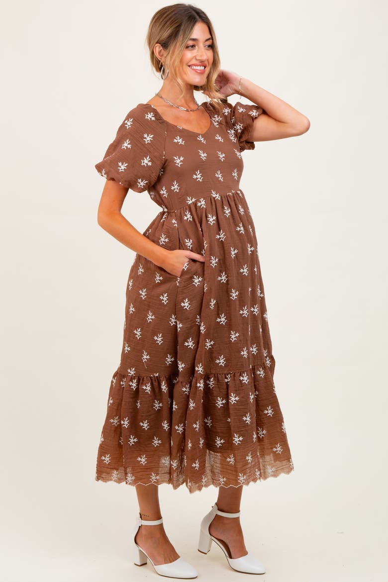 Floral Embroidered Tiered Midi Dress, Alternate, color, Brown