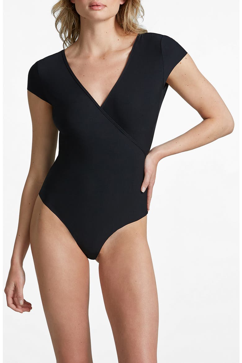 Butter Cap Sleeve Wrap Bodysuit, Main, color, BLACK