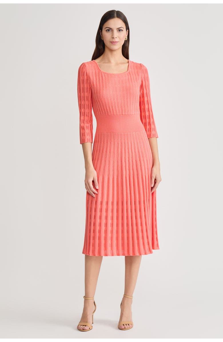 Ming Wang Linear Pointelle Tonal Knit Fit-N-Flare Midi Dress, Main, color, Sunkist Coral