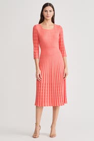 Ming Wang Linear Pointelle Tonal Knit Fit-N-Flare Midi Dress