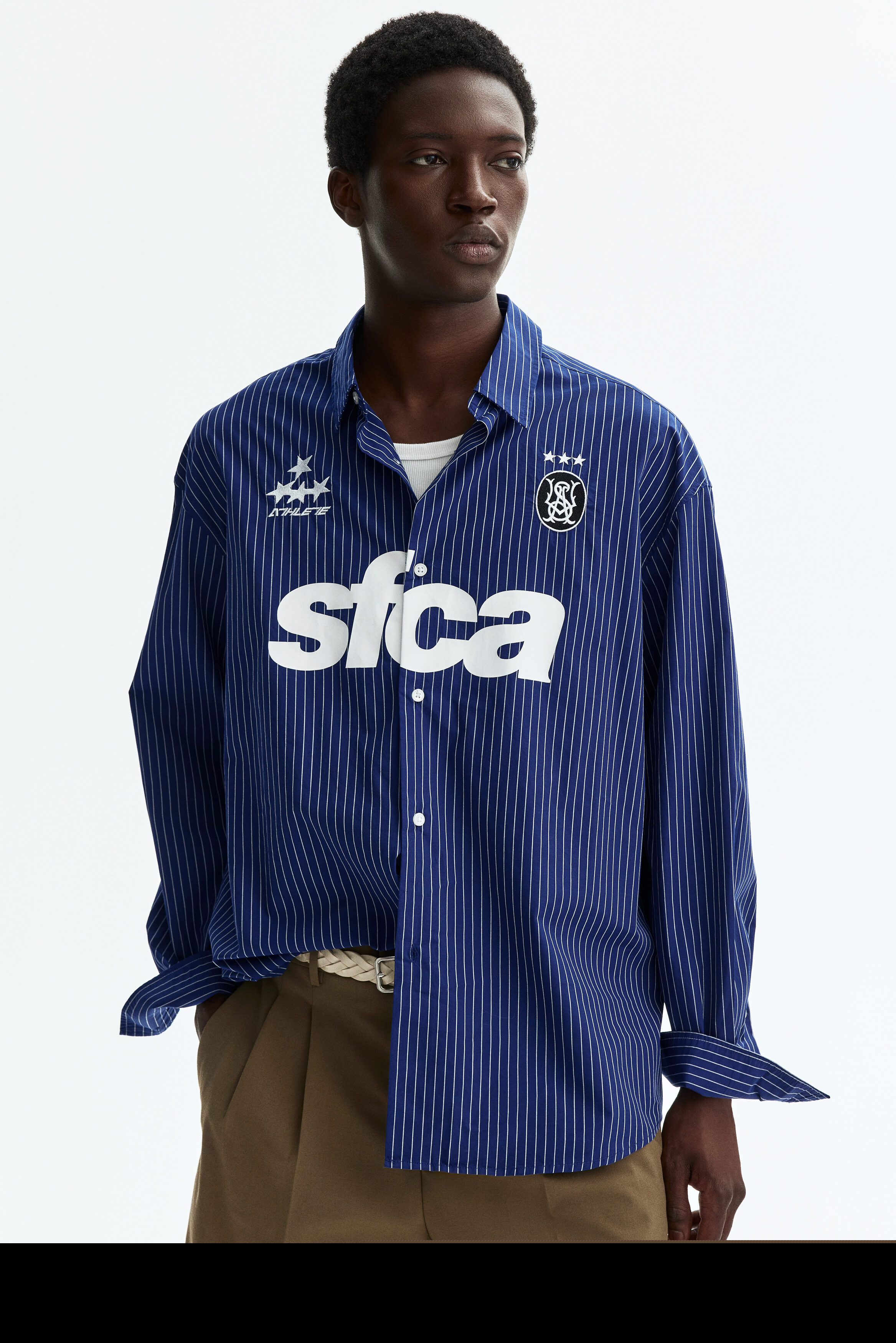 H&M Relaxed Fit Printed Cotton Poplin Shirt, Alternate, color, Dark Blue/Striped