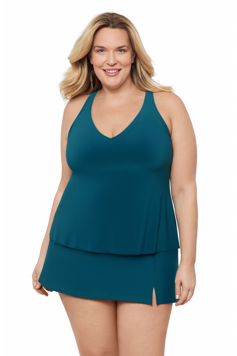 Plus Size V-Neck Full Coverage Ladder Trim Racerback Tankini Swimsuit Top, Main, color, Lagoon