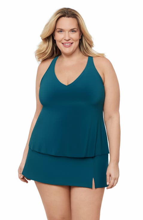 Plus Size V-Neck Full Coverage Ladder Trim Racerback Tankini Swimsuit Top
