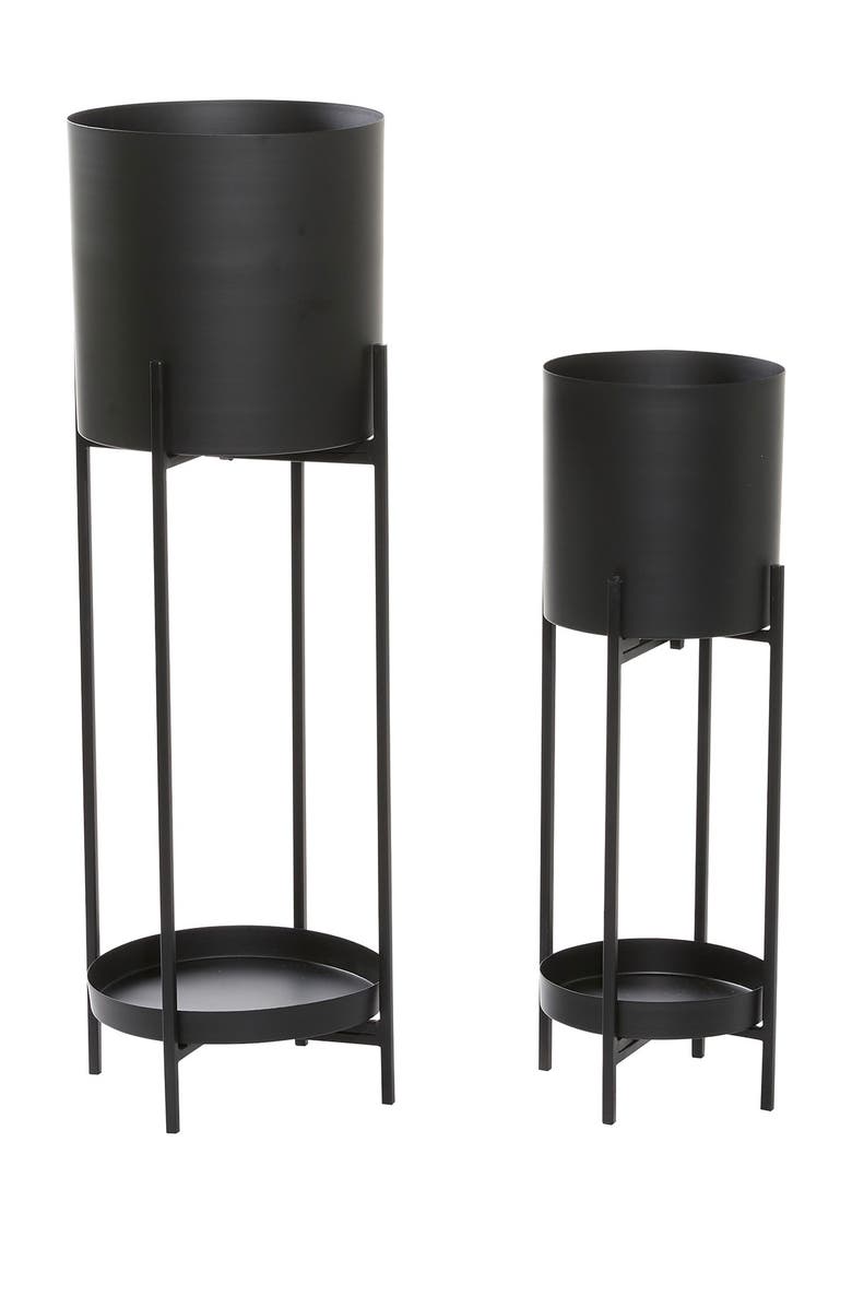 VIVIAN LUNE HOME Black Round Metal Planters - Set of 2, Main, color, 