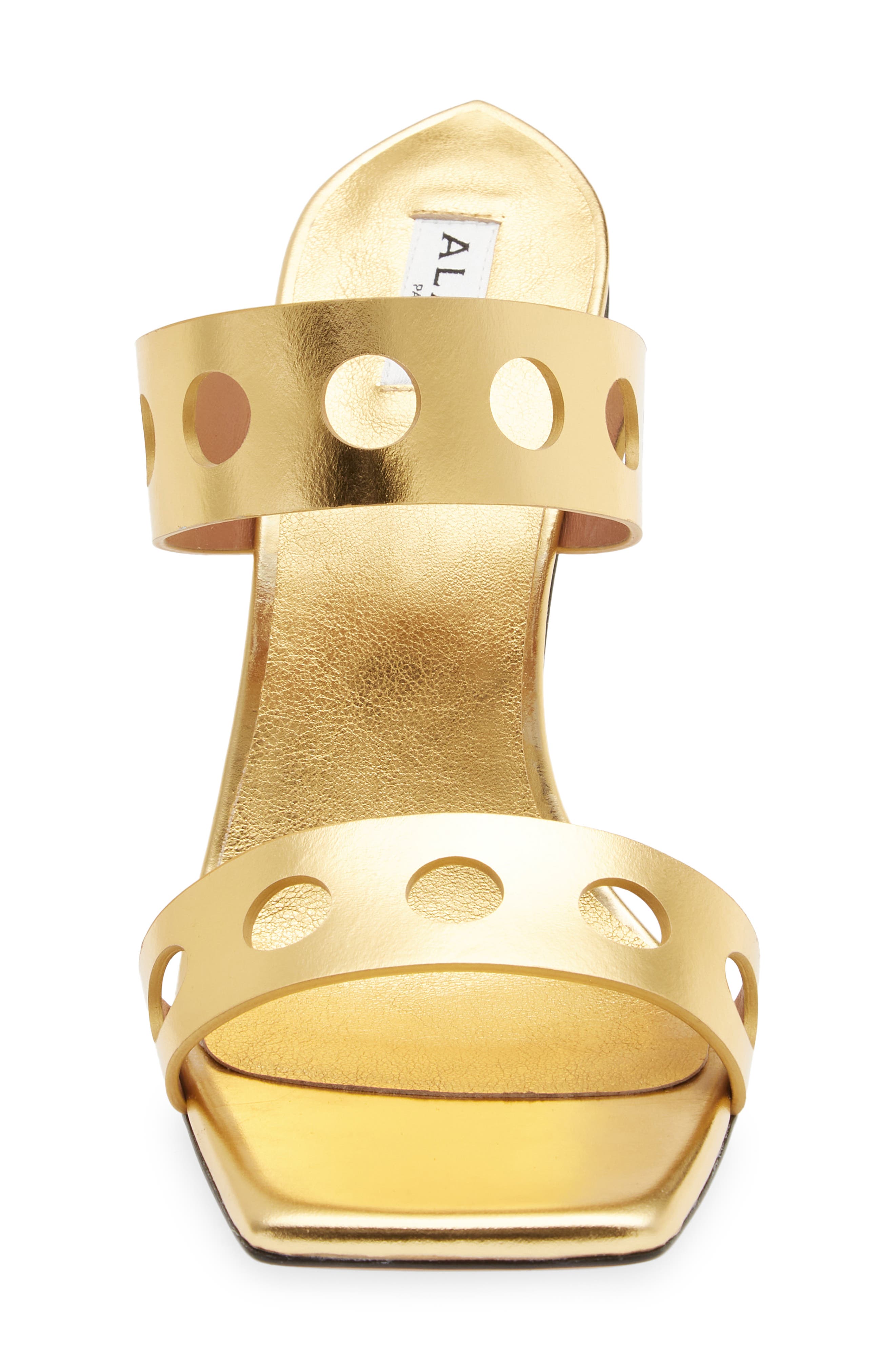 Alaïa Perforated Metallic Square Toe Sandal, Alternate, color, 