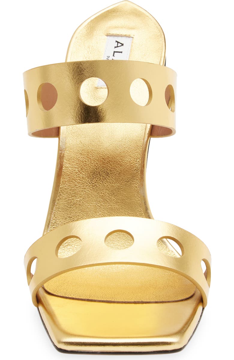 Alaïa Perforated Metallic Square Toe Sandal, Alternate, color,
