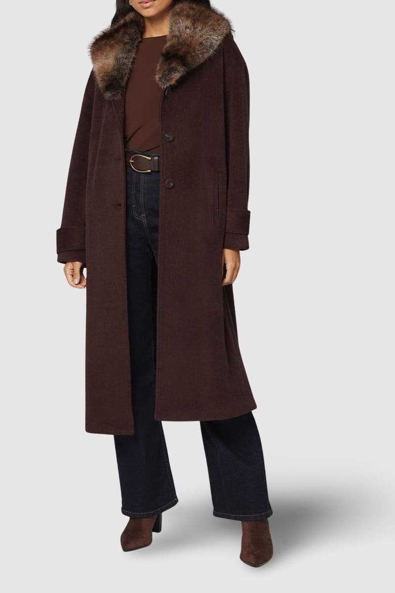 Faux Fur Collar Tab Cuff Coat, Alternate, color, Chocolate