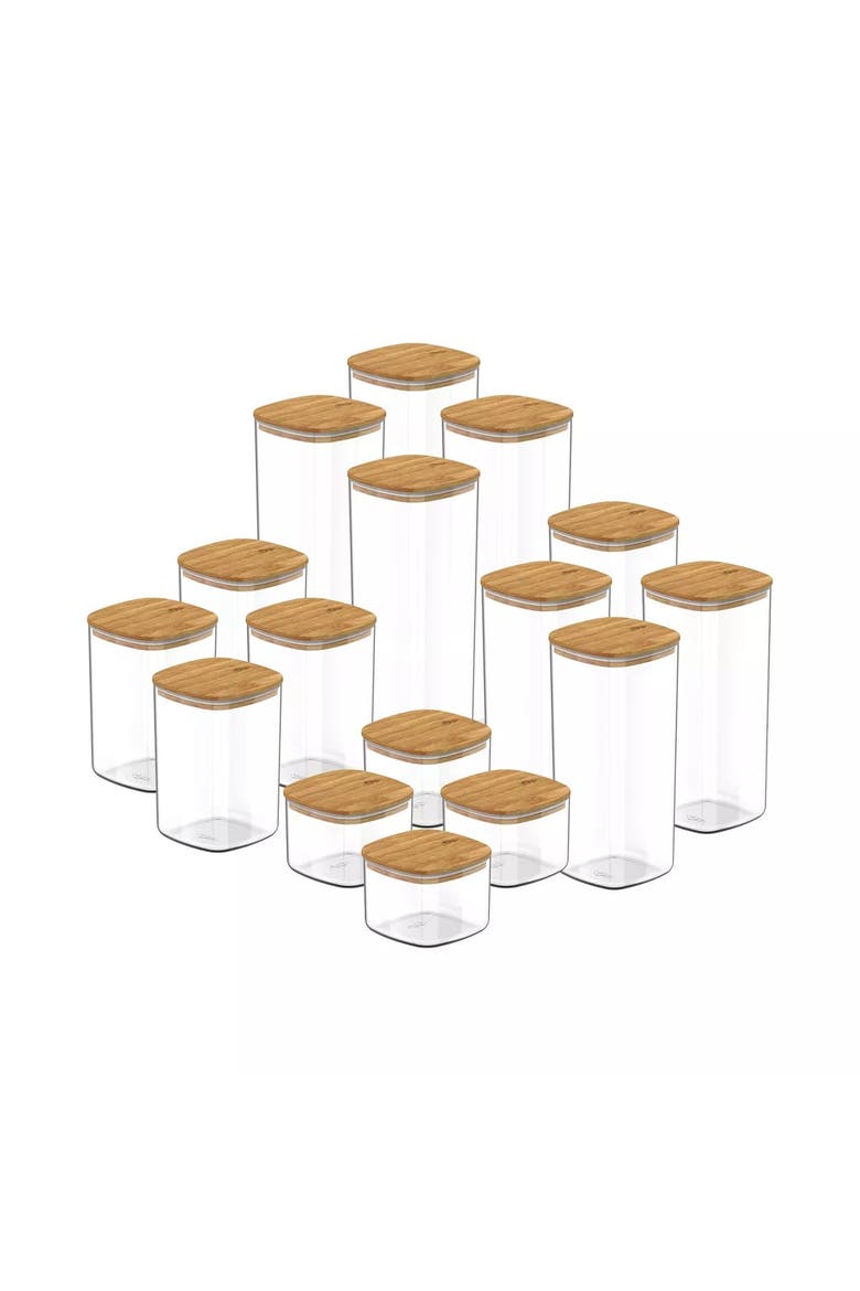 Clear Airtight Stackable Food Storage Container Set with Wood Lids, Main, color, Clear