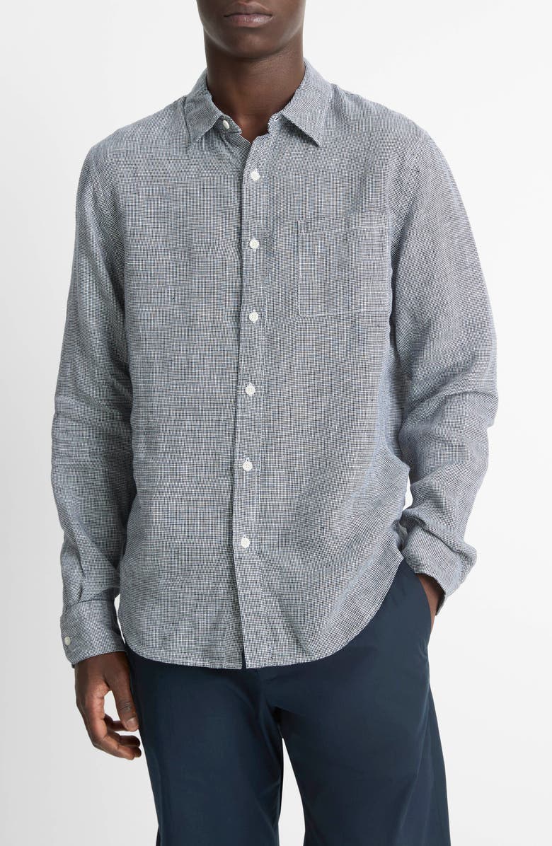 Vince Houndstooth Classic Fit Linen Button-Up Shirt, Main, color, Coastal/ Optic White