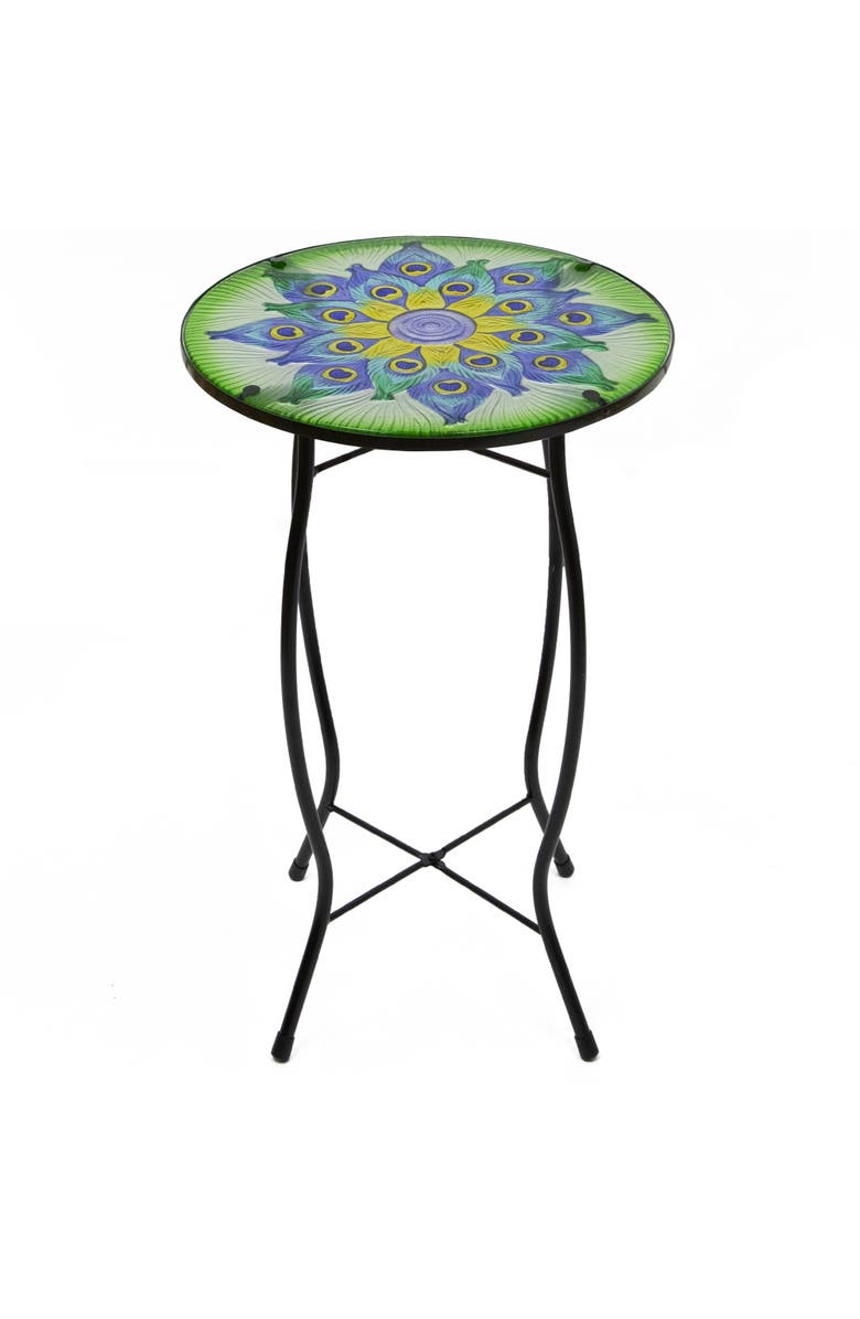 Northlight 19" Green and Blue Peacock Flower Tail Glass Patio Side Table, Main, color, Green