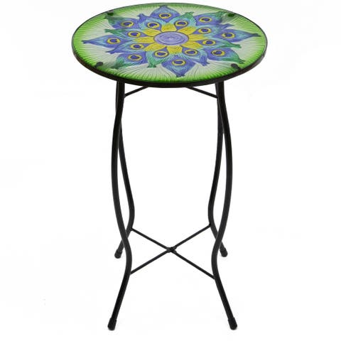 19" Green and Blue Peacock Flower Tail Glass Patio Side Table