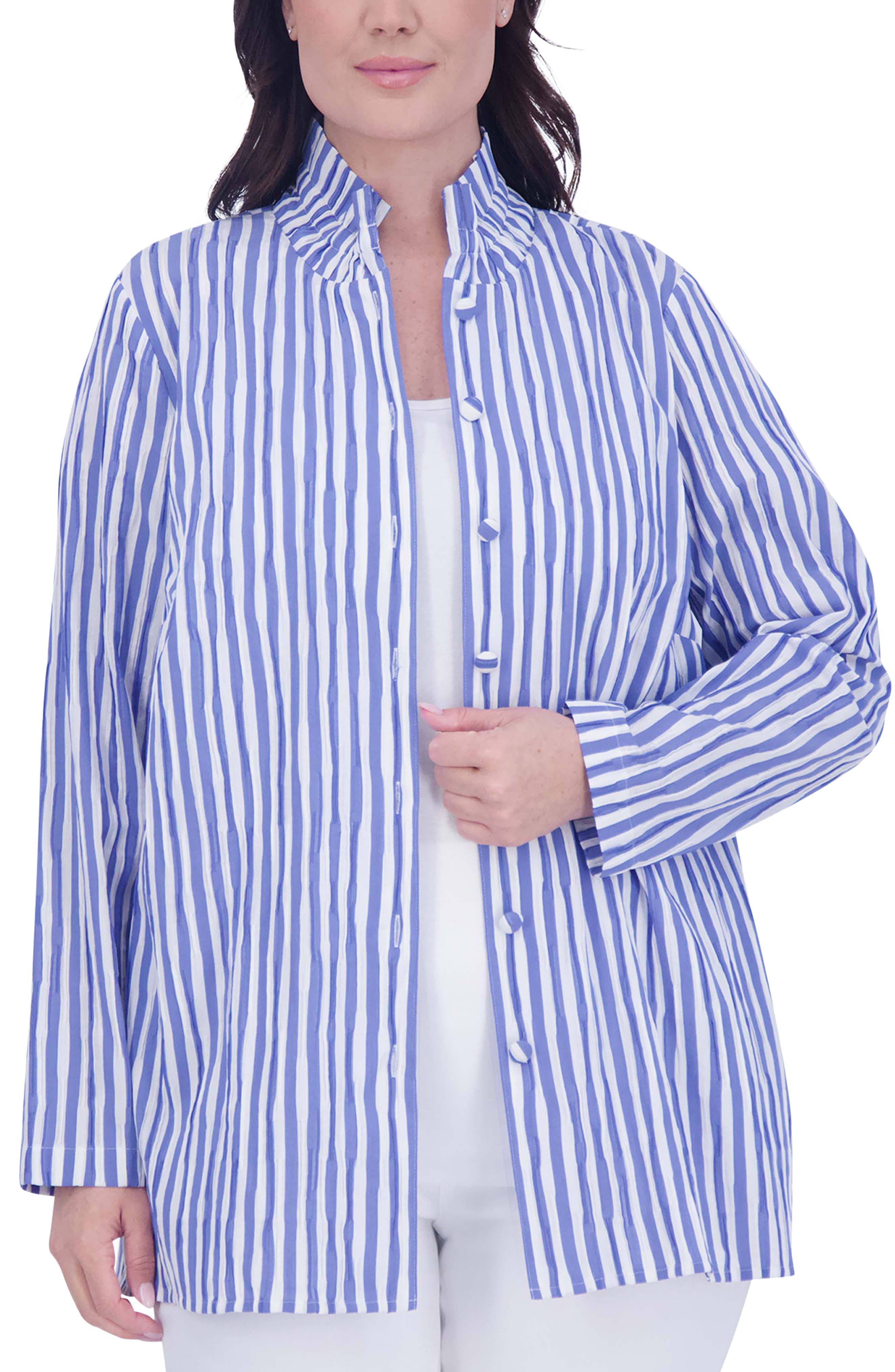 Foxcroft Carolina Stripe Crinkled Cotton Blend Button-Up Shirt