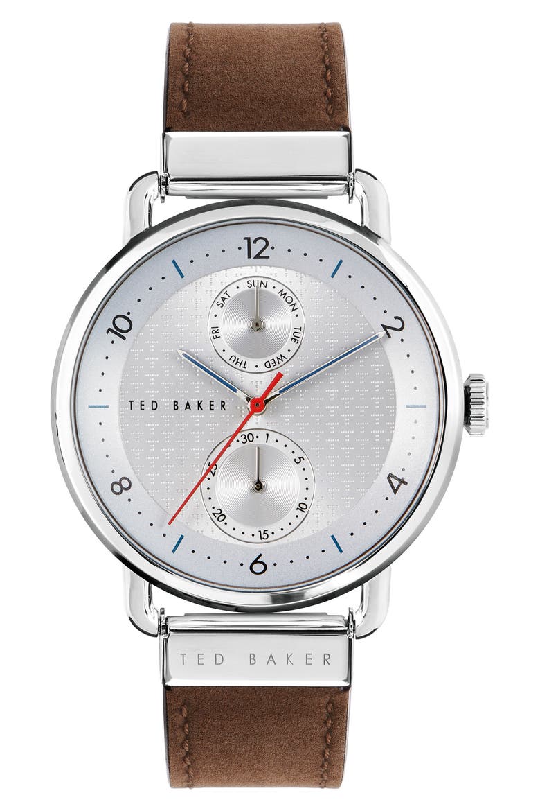 Brixam Multifunction Leather Strap Watch, 42mm, Main, color, BROWN/ SILVER