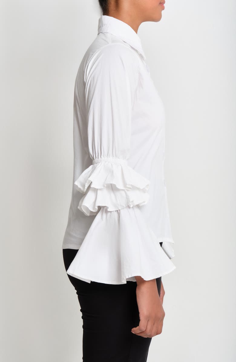 The Lulo Project Brave Ruffle Bell Sleeve Stretch Cotton Button-Up Shirt, Alternate, color, Crudo