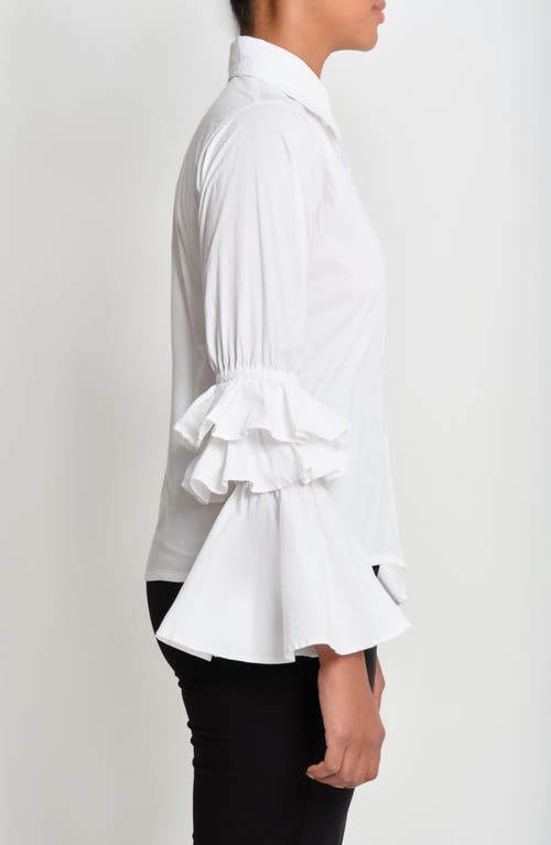 The Lulo Project Brave Ruffle Bell Sleeve Stretch Cotton Button-up Shirt In White