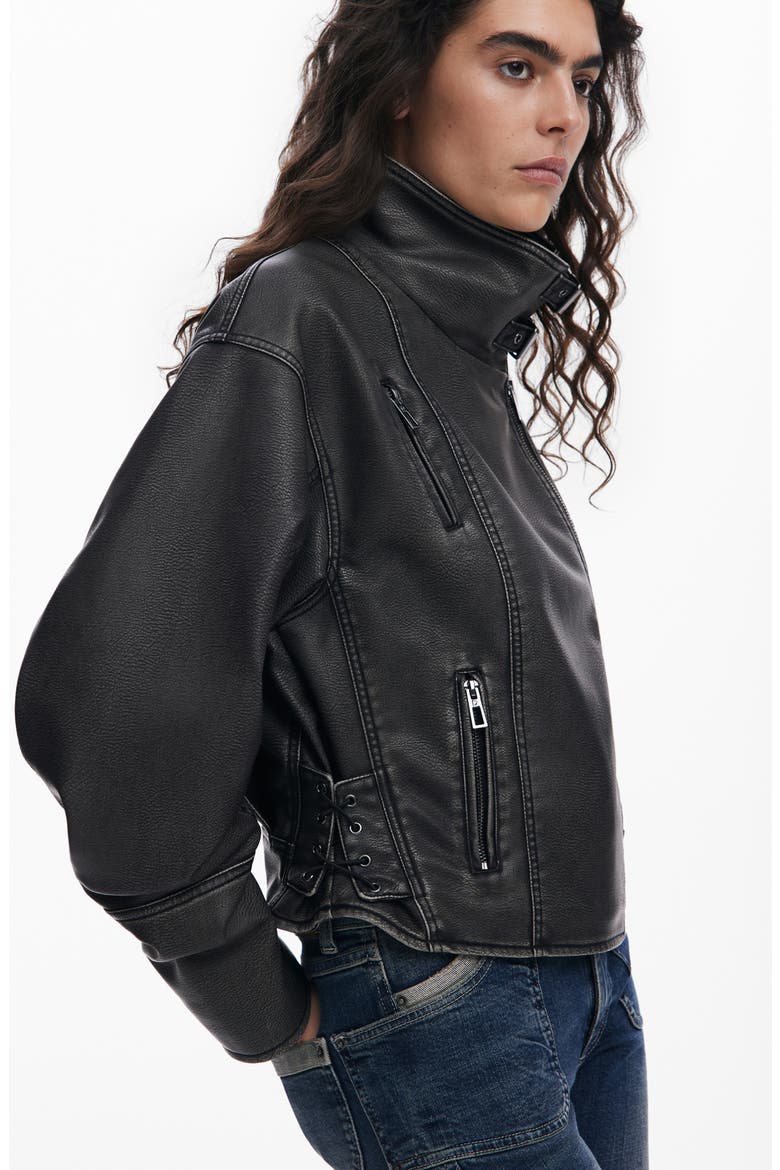 Lace Up Faux Leather Moto Jacket, Alternate, color, BLACK