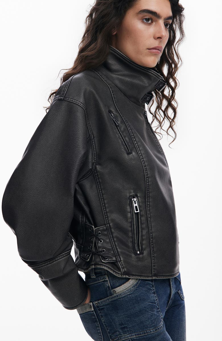Desigual Lace Up Faux Leather Moto Jacket, Alternate, color, Black