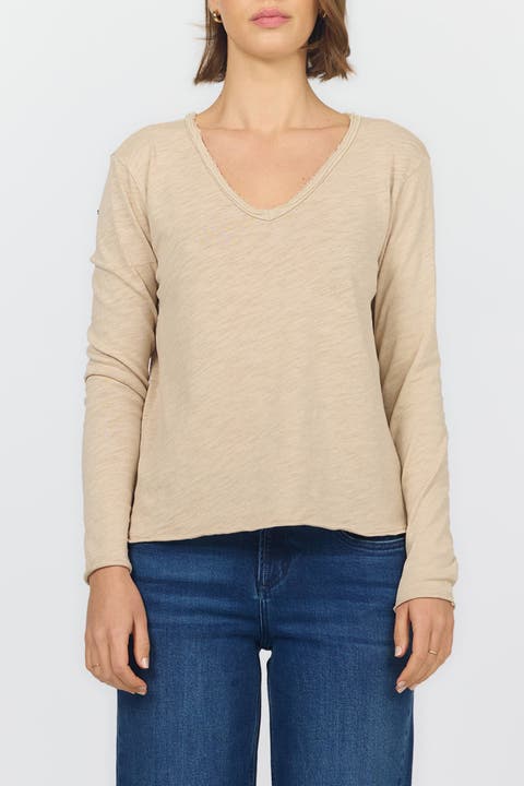 Vanya Long Sleeve V-Neck Slub Knit T-Shirt