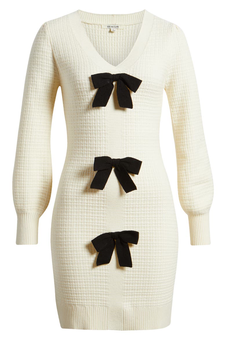 Bow Long Sleeve Sweater Dress, Alternate, color, CREAM