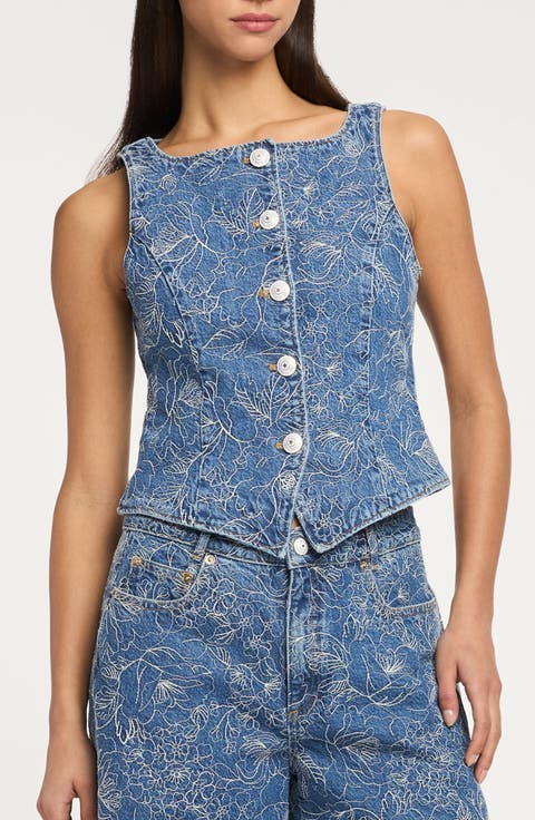 Garden Doodle Embroidered Floral Denim Vest