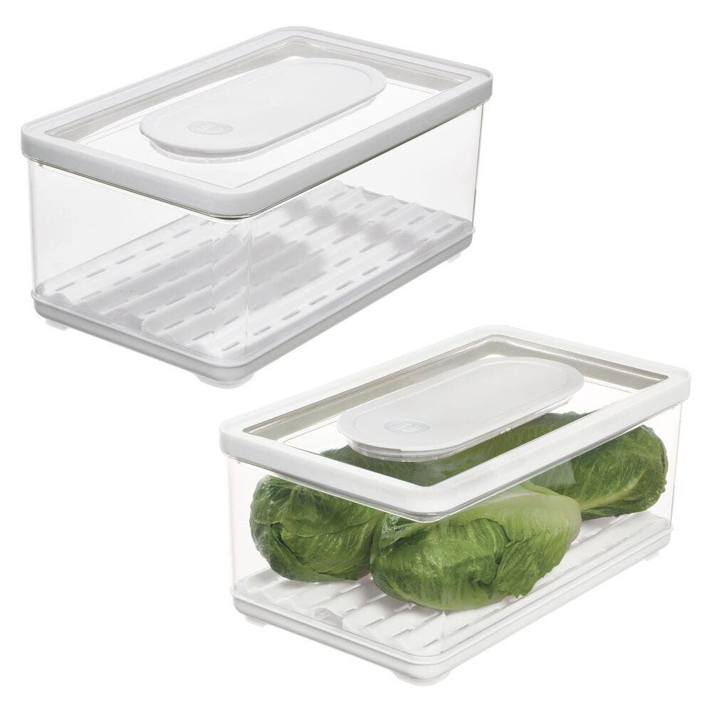 iDesign Large Fridge Produce Bin with Removable Drainage Tray and Lid -  Set of 2 - Clear in Clear/white/green 