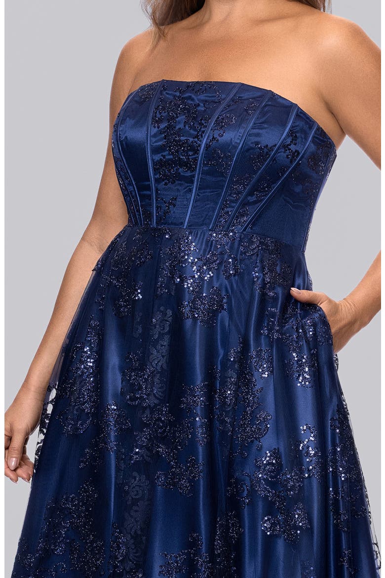 Glitter Mesh Corset Strapless A-Line Gown, Alternate, color, NAVY