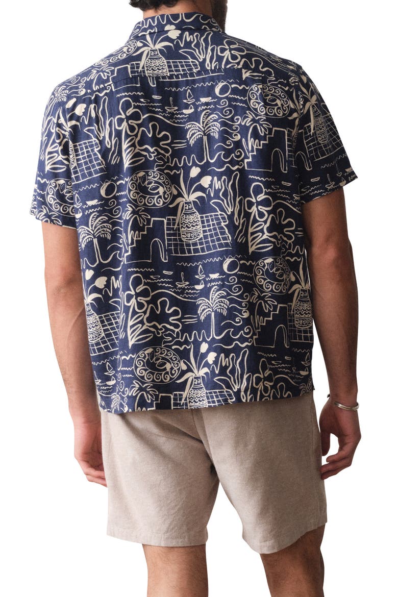 Island Motif Linen Blend Camp Shirt, Alternate, color, NAVY/ WHITE ISLAND MOTIF