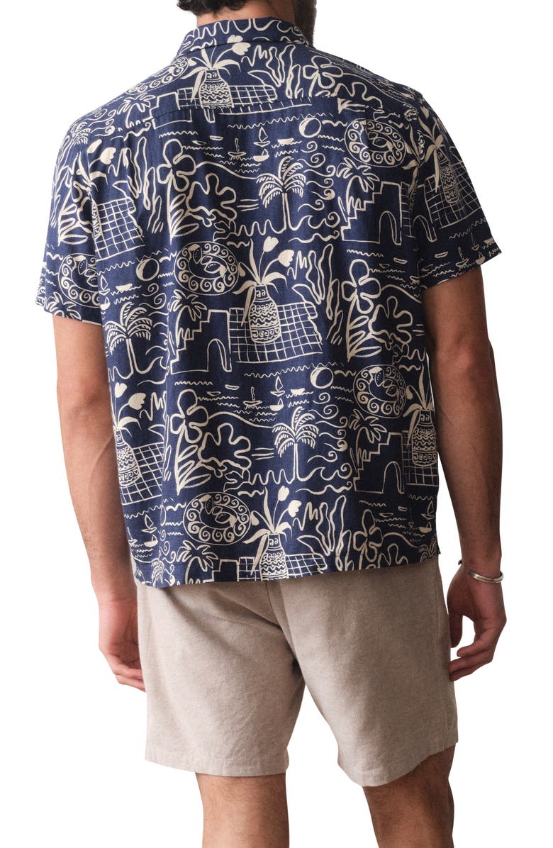 Marine Layer Island Motif Linen Blend Camp Shirt, Alternate, color, Navy/ White Island Motif