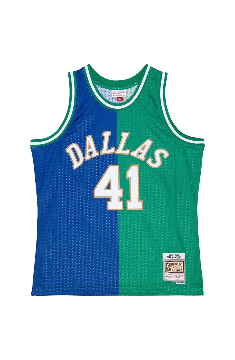 Mitchell & Ness Men's Mitchell & Ness Dirk Nowitzki Blue/Green Dallas Mavericks Hardwood Classics 1998/2019 Split Swingman Jersey, Alternate, color, 