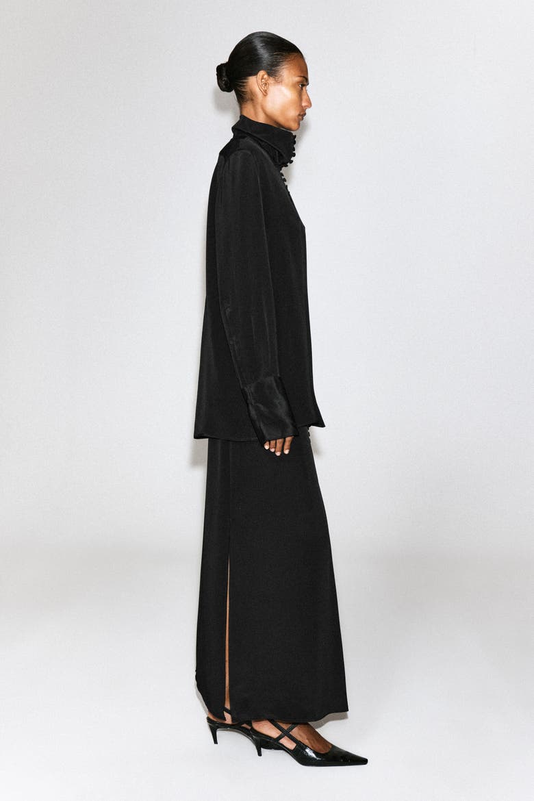 Button-detail Silk-crepe Shirt, Alternate, color, BLACK
