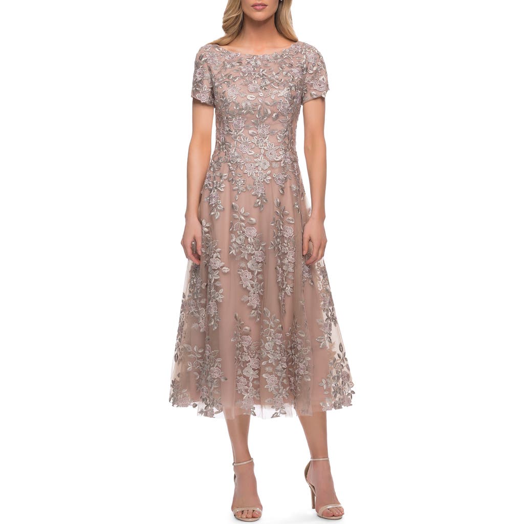 La Femme Tea Length Mother Of The Bride Dress With Short Sleeves In Champagne