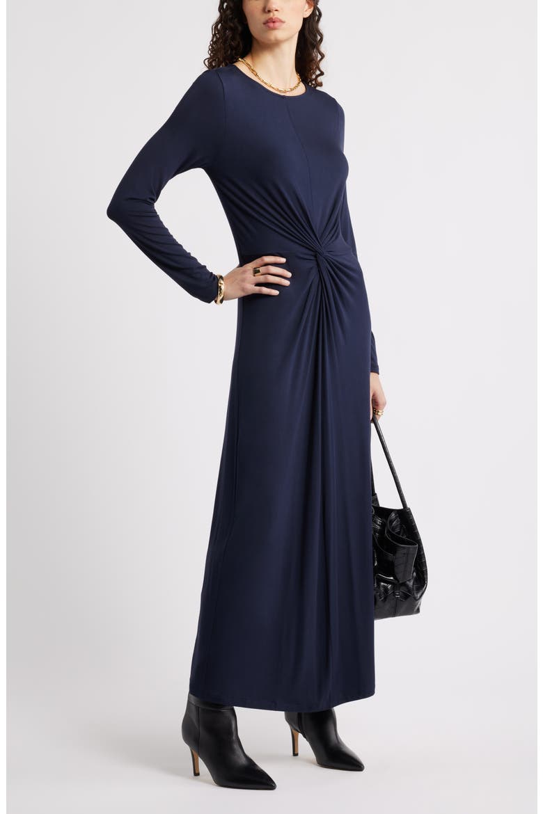 Twist Front Long Sleeve Jersey Maxi Dress, Alternate, color, NAVY NIGHT