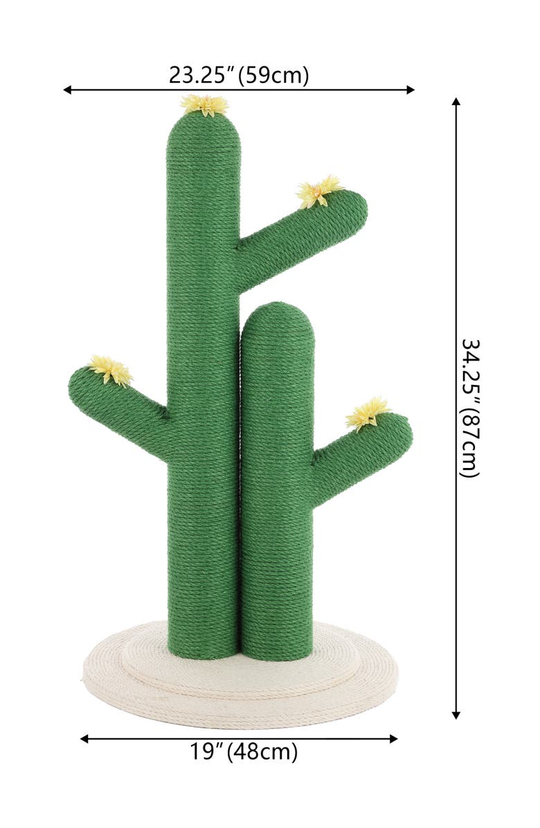 The Licker Store Socorro 34.25" Modern Jute Double-Cactus Cat Scratching Post with Flower Toys, Alternate, color, Green