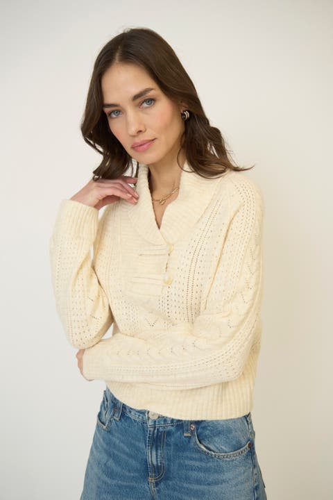 Rayna Shawl Collar Pointelle Cable Pullover