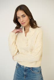 Central Park West Rayna Shawl Collar Pointelle Cable Pullover