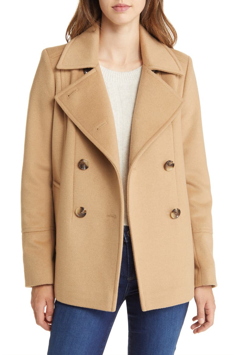 Double Breasted Wool Blend Peacoat, Alternate, color, CAMEL