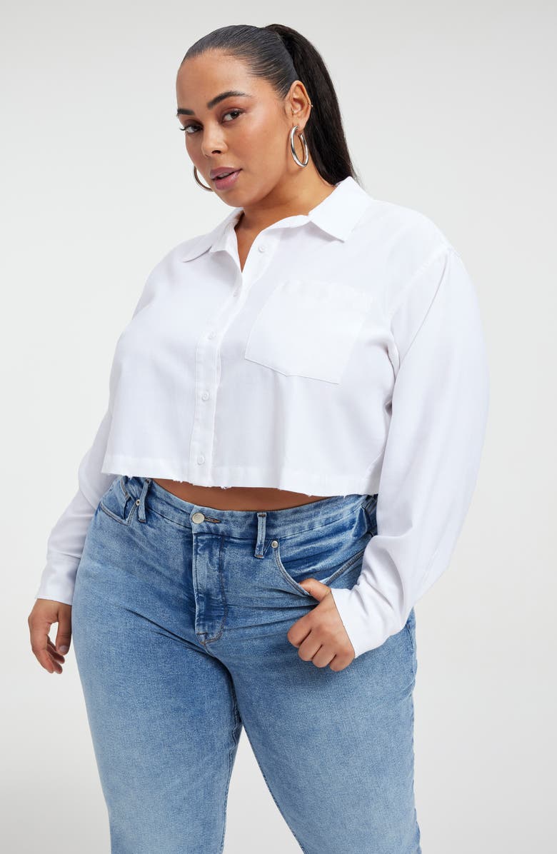 Good American Distressed Cotton Blend Crop Shirt, Alternate, color,