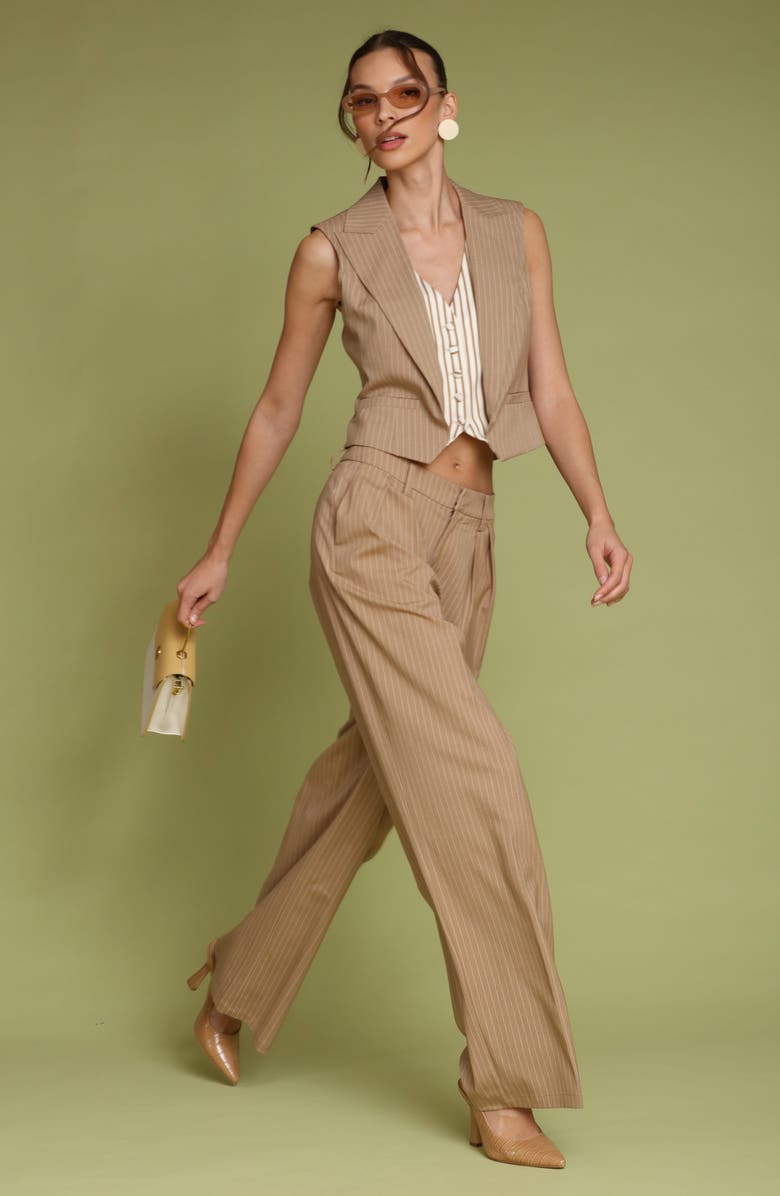 Avec Les Filles Pinstripe High Waist Wide Leg Pleat Front Pants, Alternate, color, Camel Pinstripe