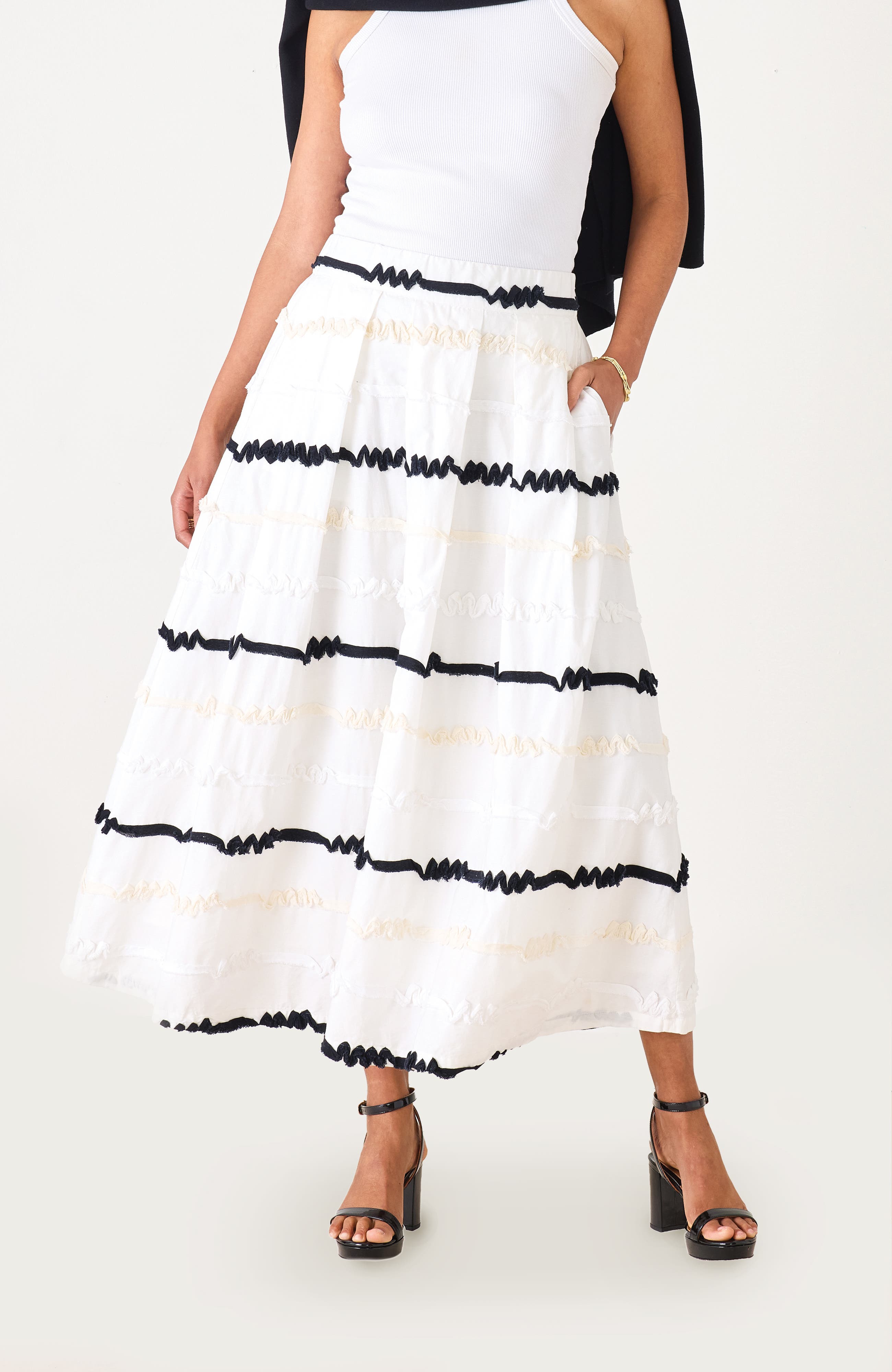 Voyageur by MERSEA Luna Ribbon Maxi Skirt in White/midnight/cream 