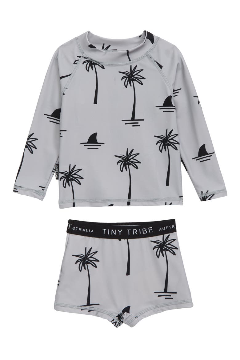 Palm Print Two-Piece Rashguard Swimsuit, Main, color, GREY