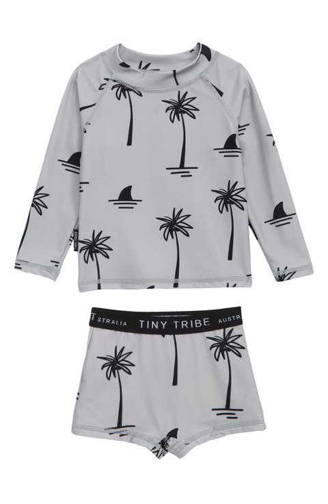 Palm Print Two-Piece Rashguard Swimsuit
