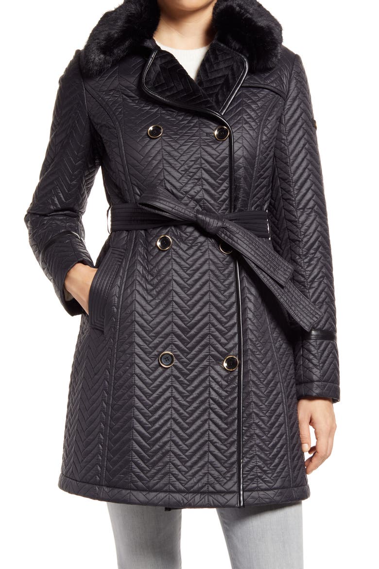 Water Resistant Double Breasted Faux Fux Collar Quilted Coat, Main, color, BLACK